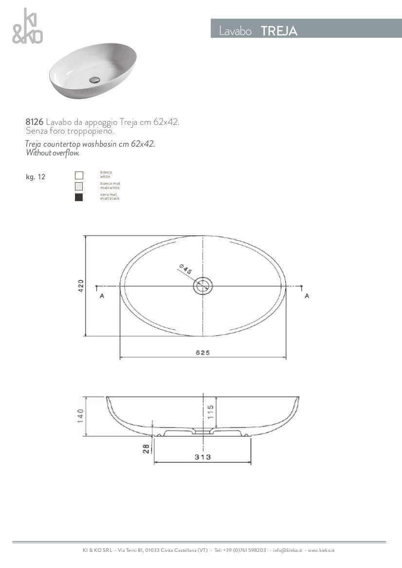 Lavabo ovale da appoggio cm 62x42 Treja