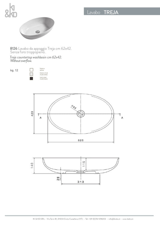 Lavabo ovale da appoggio cm 62x42 Treja