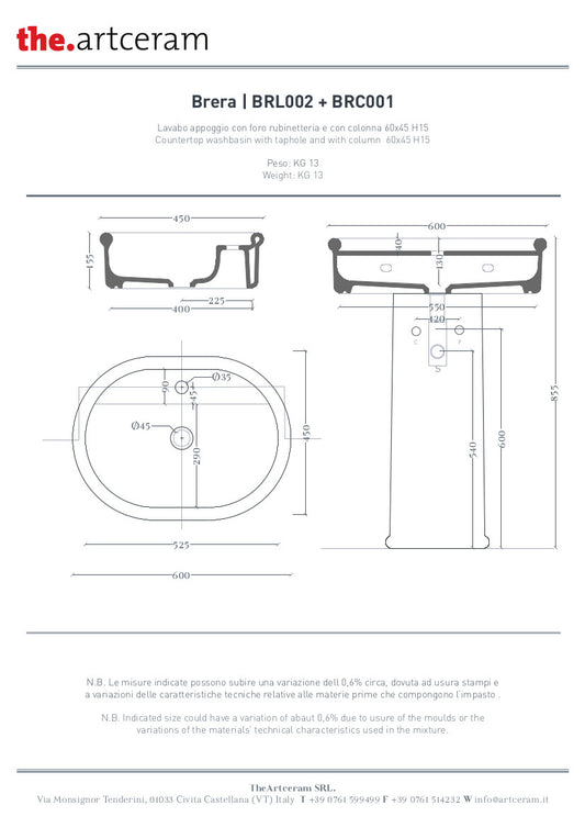 Lavabo Appoggio Ovale Monoforo cm 60x45 Brera
