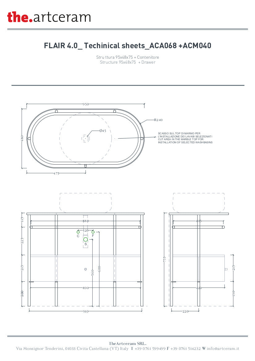 Composizione struttura con cassetto e ripiano in marmo cm 95 Flair 4.0