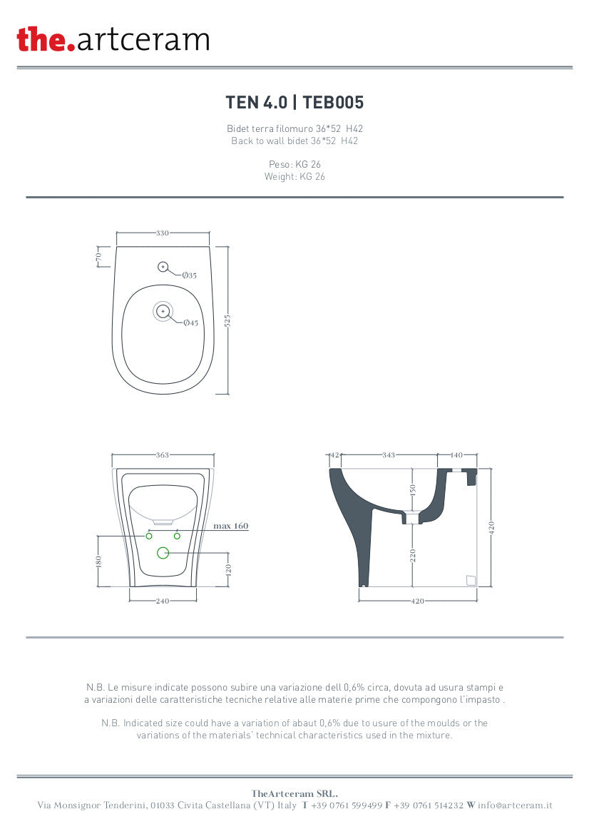 Bidet Terra Filo Muro cm 36x52 Ten 4.0
