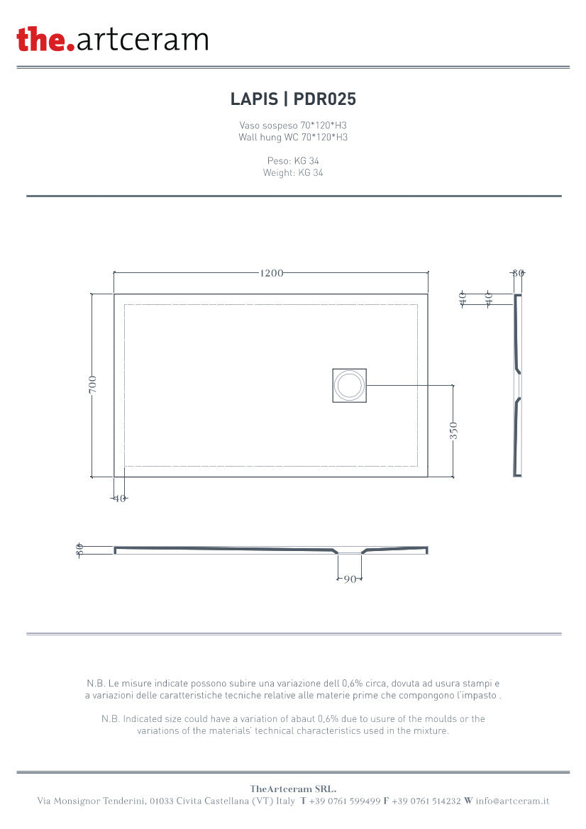Piatto doccia 120x70 H3 Lapis