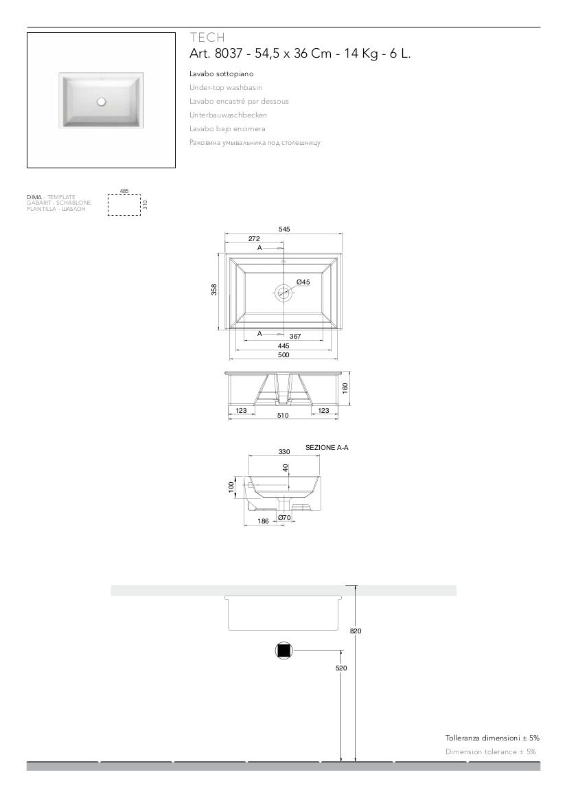 Lavabo sottopiano cm 54x36 Tech