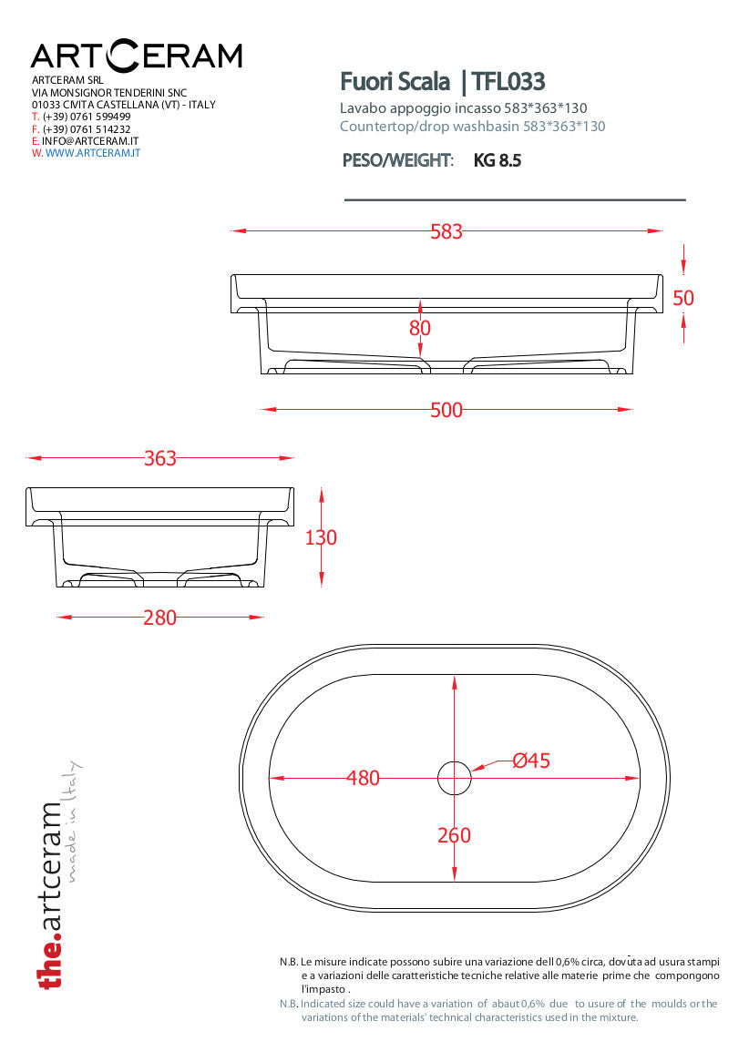 Lavabo ovale appoggio/incasso/per struttura dedicata cm 58x35 Fuori Scala