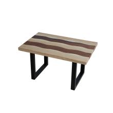 Rectangular chestnut/iroko wood table with matt black iron base included.