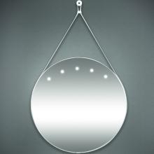 Polished wire mirror diameter 60x4, iron perimeter frame and leatherette strap.
