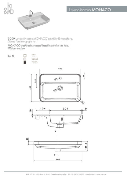 Lavabo incasso cm 60x45 Monaco