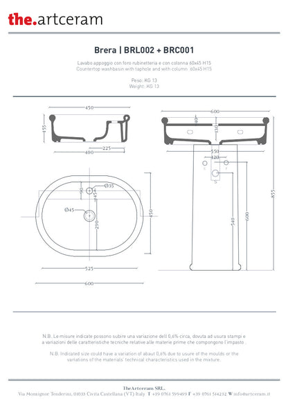 Lavabo Appoggio Ovale Monoforo cm 60x45 Brera