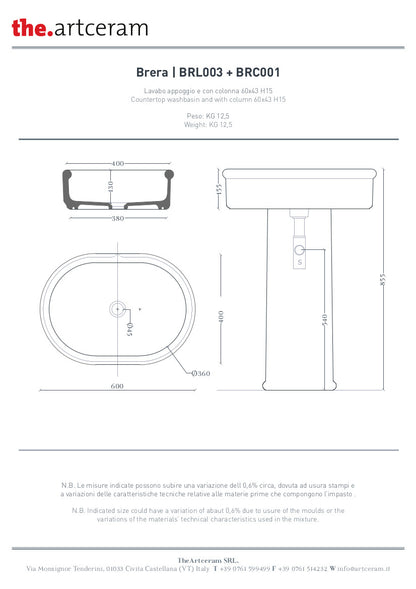 Lavabo Appoggio Ovale cm 60x40 Brera