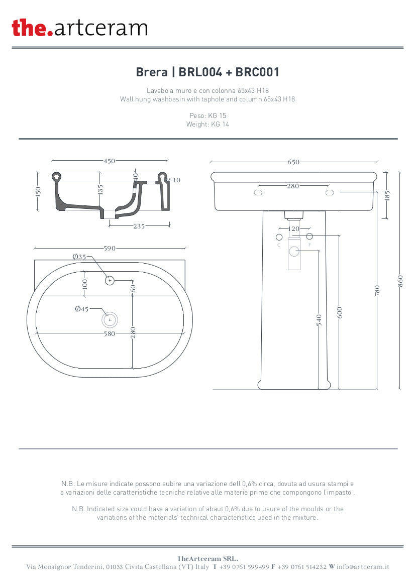 Lavabo Sospeso Ovale Monoforo cm 65x46 Brera