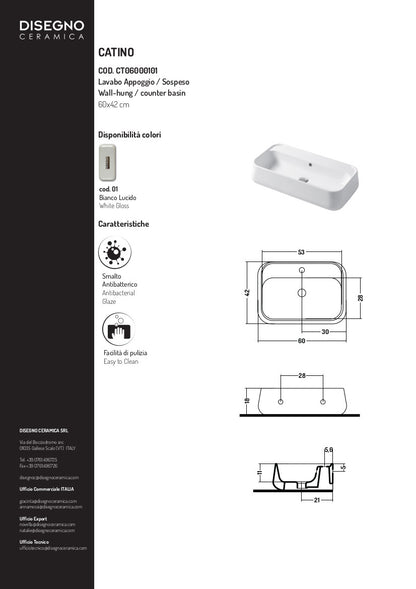 Lavabo Appoggio/sospeso cm 60 Catino