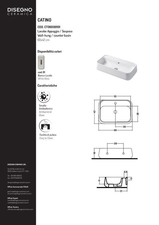 Lavabo Appoggio/sospeso cm 60 Catino