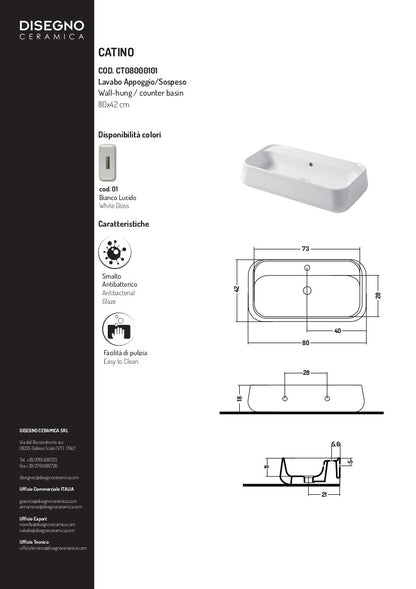 Lavabo Appoggio/sospeso cm 80 Catino
