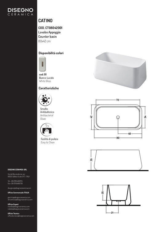 Lavabo Appoggio Rettangolare cm 80 Catino