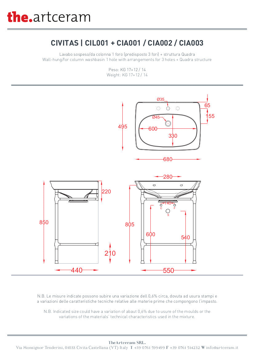 Struttura quadra per lavabo cm 68 Civitas