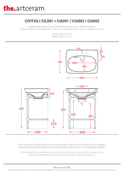 Struttura quadra per lavabo cm 68 Civitas