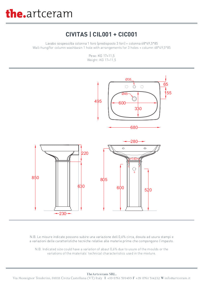 Lavabo sospeso cm 68x50 Civitas