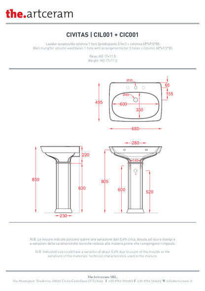 Lavabo sospeso cm 68x50 Civitas