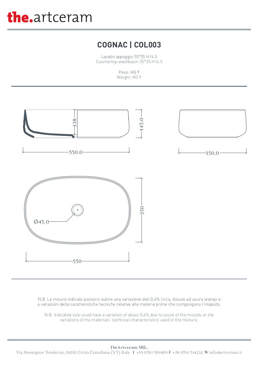 Lavabo Appoggio 55x35 Cognac Marmi & Graniglie