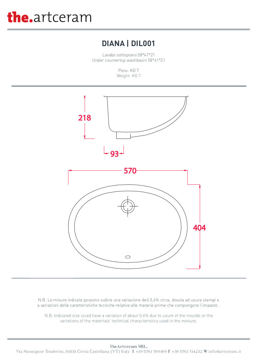 Lavabo sottopiano cm 57x40 Diana