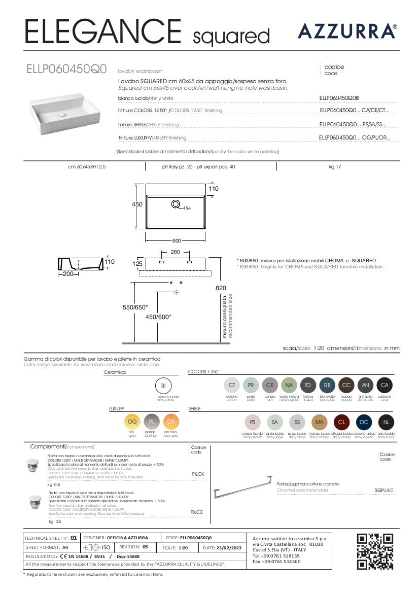 Lavabo appoggio/sospeso senza foro cm 60x45 Elegance Squared