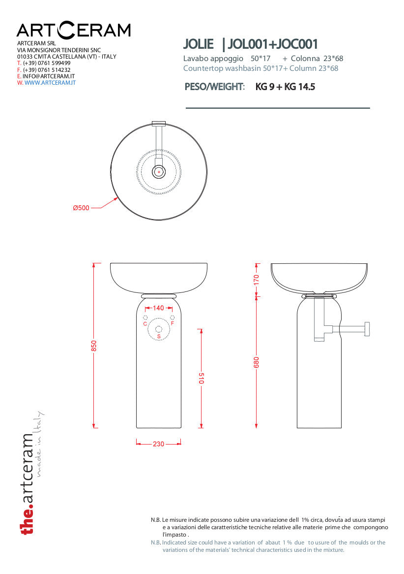 Lavabo da appoggio/su colonna diam. 50 cm Jolie