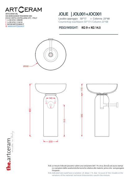 Lavabo da appoggio/su colonna diam. 50 cm Jolie