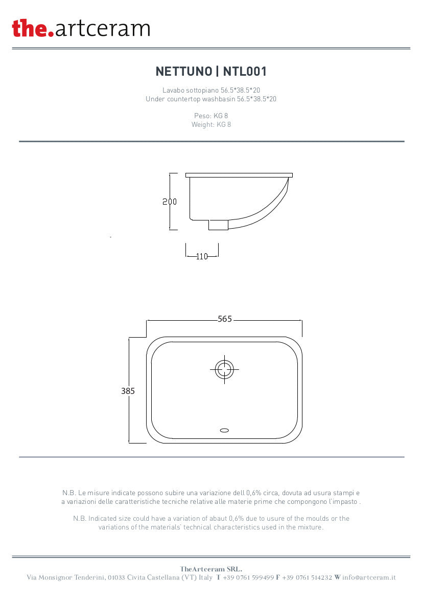 Lavabo sottopiano cm 56x38 Nettuno