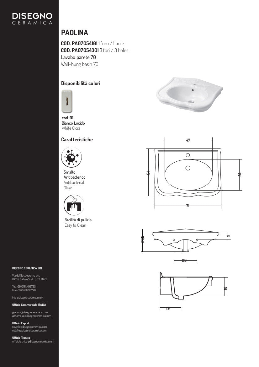 Lavabo Sospeso cm 70  Paolina