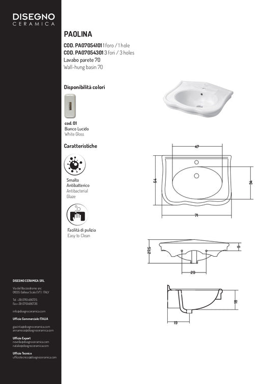 Lavabo Sospeso cm 70  Paolina
