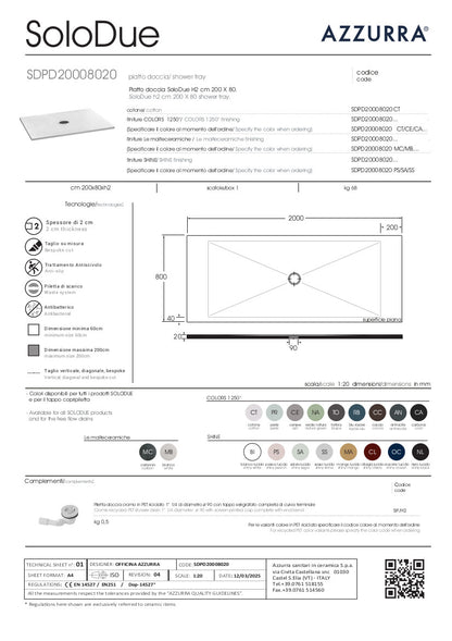 Piatto Doccia cm 200x80xH2 SoloDue
