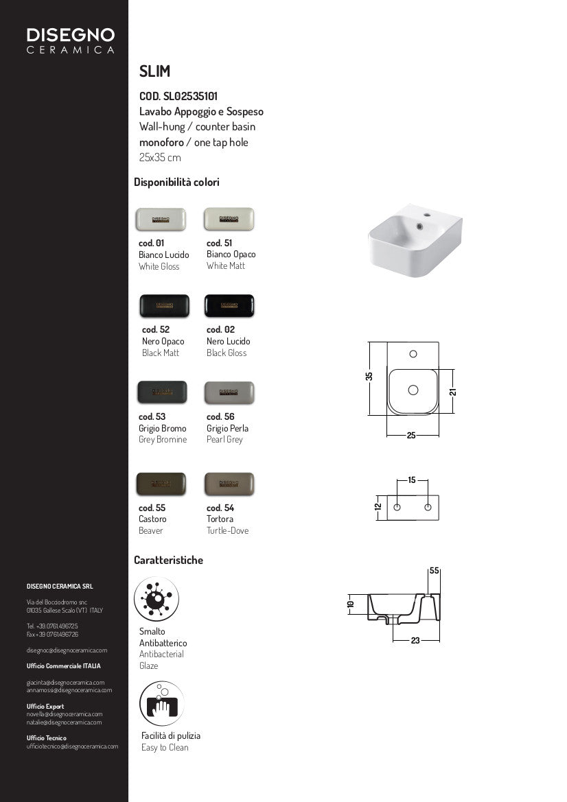 Lavabo Parete/Appoggio cm 25x35 Slim