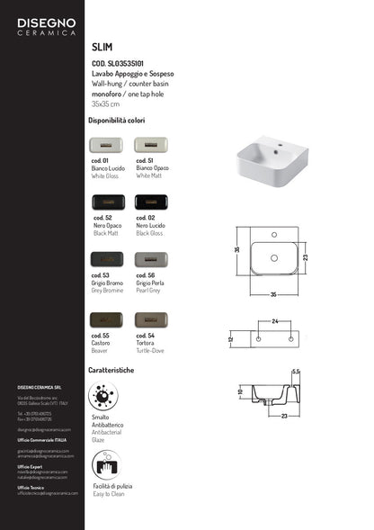 Lavabo Parete/Appoggio cm 35x35 Slim