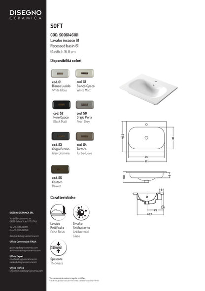 Lavabo da incasso 61x46x h 16,8 cm Soft