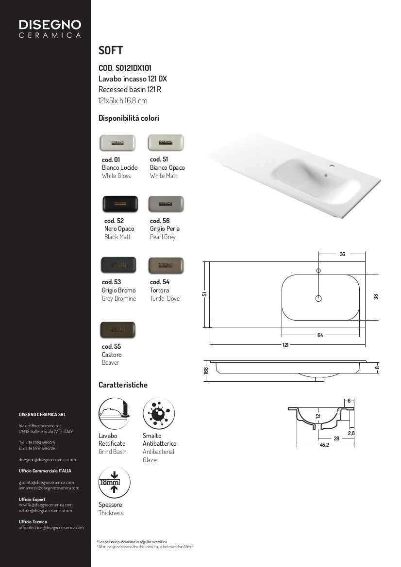 Lavabo da incasso con vasca a destra 121x51x h 16,8 cm Soft