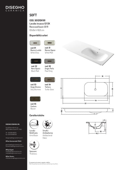 Lavabo da incasso con vasca a destra 121x51x h 16,8 cm Soft