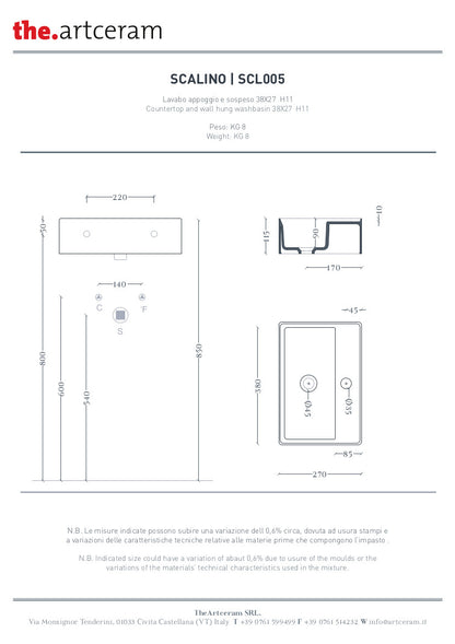 Lavabo sospeso/appoggio cm 38x27 Scalino