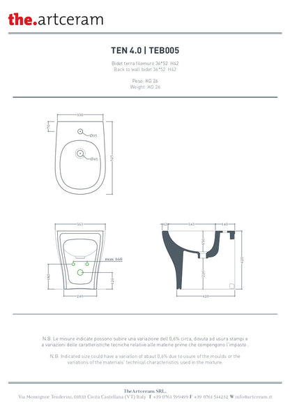 Bidet Terra Filo Muro cm 36x52 Ten 4.0