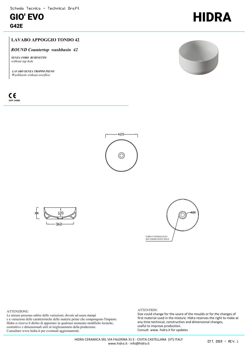 Lavabo da appoggio tondo cm 42 Gio Evolution