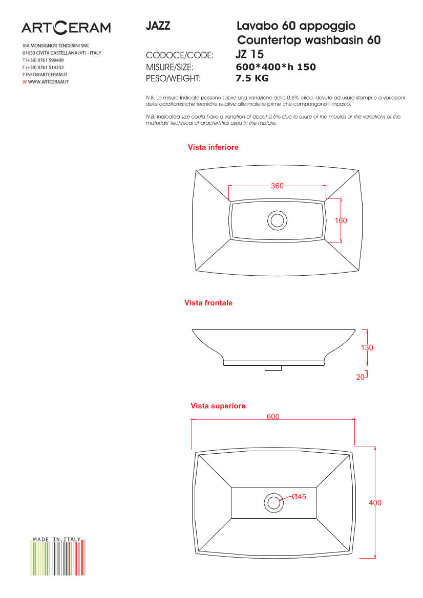 Lavabo appoggio Jazz