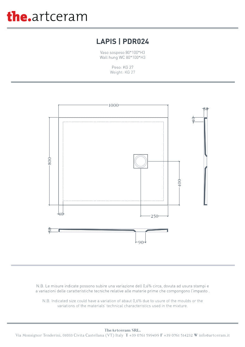 Piatto doccia 100x80 H3 Lapis