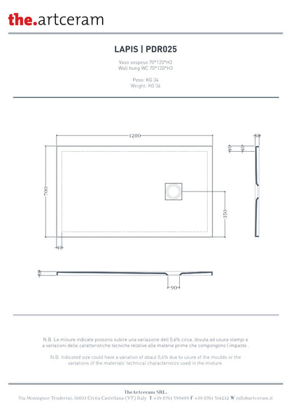 Piatto doccia 120x70 H3 Lapis