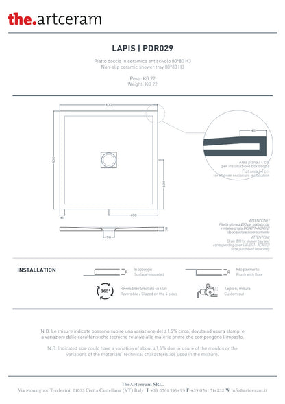 Piatto doccia 80x80 H3 Lapis