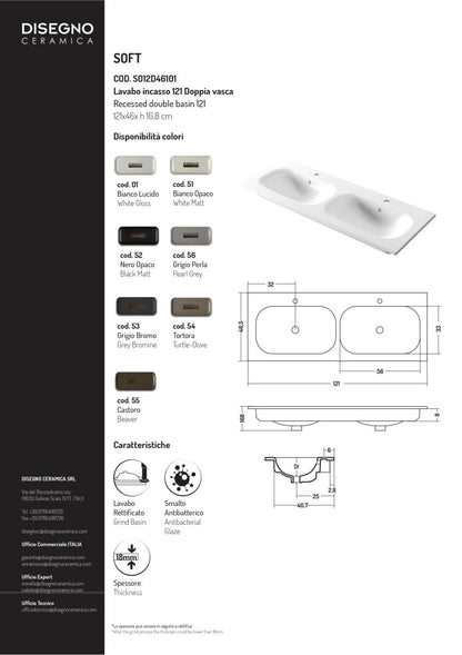 Lavabo da incasso doppiavasca 121x46x h 16,8 cm Soft