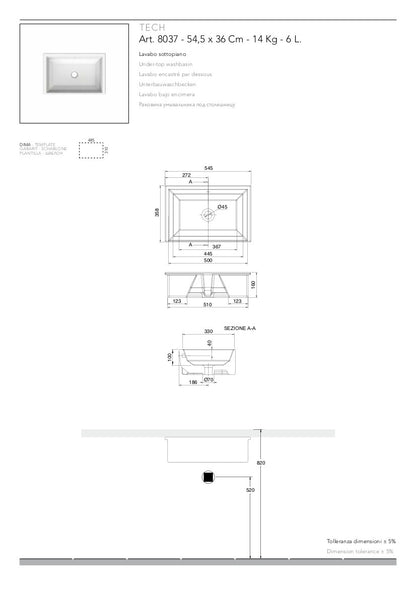 Lavabo sottopiano cm 54x36 Tech