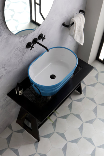 COMPOSIZIONE TINOZZA CIANO SU CAVALLETTO NERO